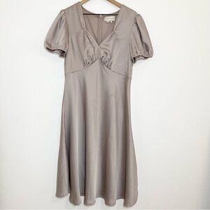 Sachin & Babi Women’s 14 Satin Taupe Beige Flare Midi Dress Casual V Neck